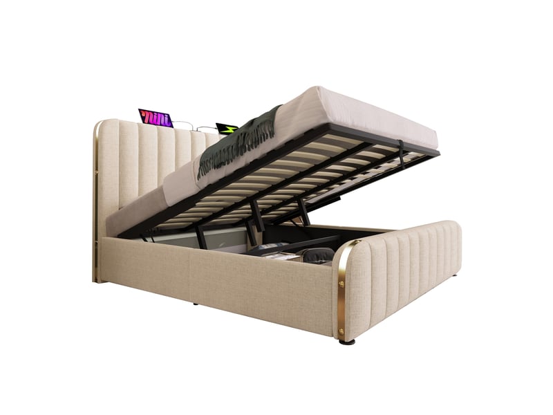  Lit coffre 180x200 cm en lin beige avec tête de lit rembourrée à bandes dorées, ports usb et usb-c intégrés, sommier à lattes et structure métallique, rangement hydraulique avec matelas inclus  - Conforama A