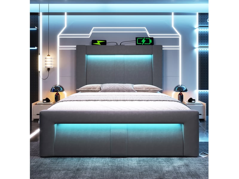 Lit coffre enfant 90x200cm rangement led prises usb type-c recharge rapide tête incurvée velours gris sans matelas - Conforama B