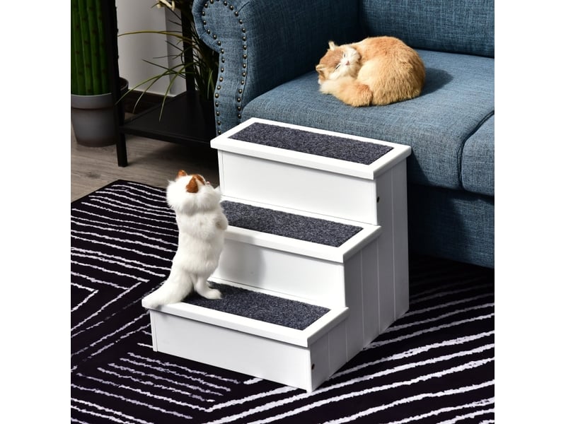 Escalier félins 3 marches 40,5x44,5x38 cm – blanc – rangement intérieur intégré, feutre aiguilleté - Conforama B