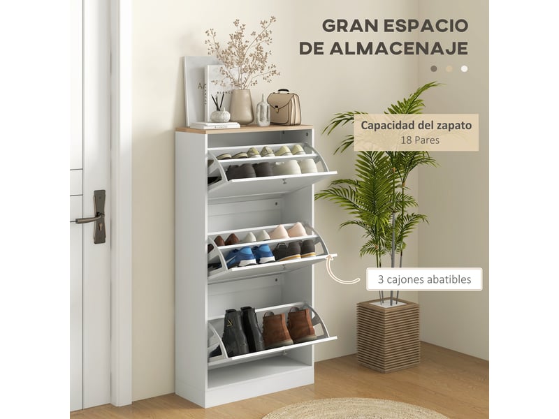  Meuble à chaussures moderne avec 3 tiroirs abattants et étagères réglables pour 18 paires de chaussures, 60 x 23,5 x 115 cm, blanc  - Conforama E