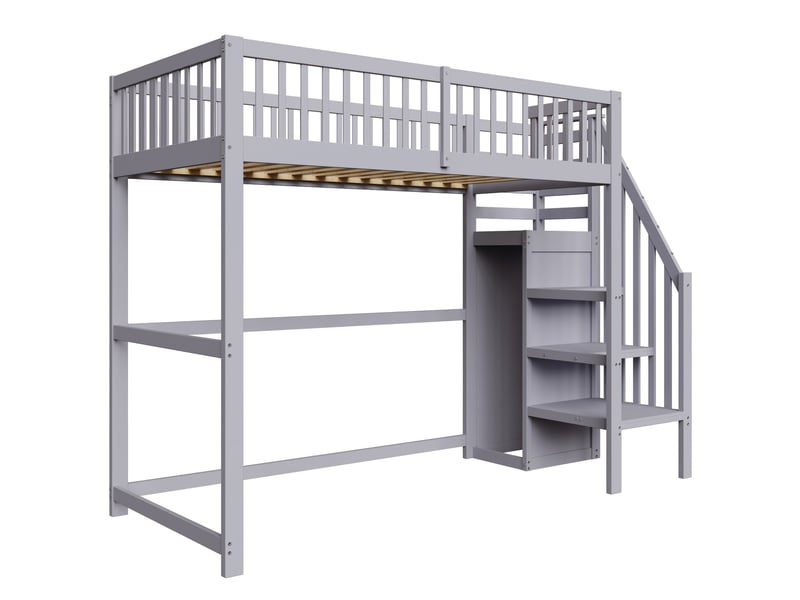 Lit mezzanine enfant 90 x 200 cm avec escalier rangement et armoire, bois, gris Fay Lum - Conforama A