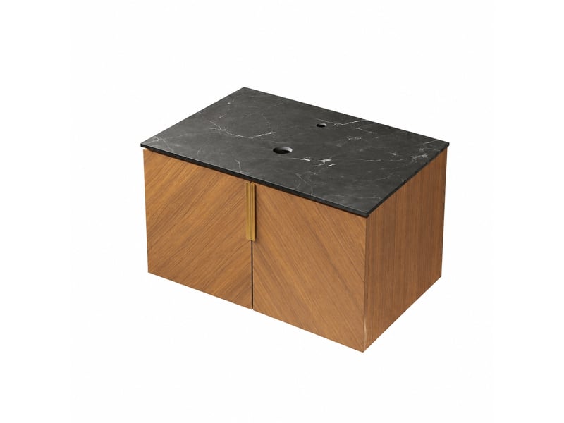  Meuble vasque 76 cm effet chêne brun avec plan de toilette en pierre frittée noire  - Conforama A