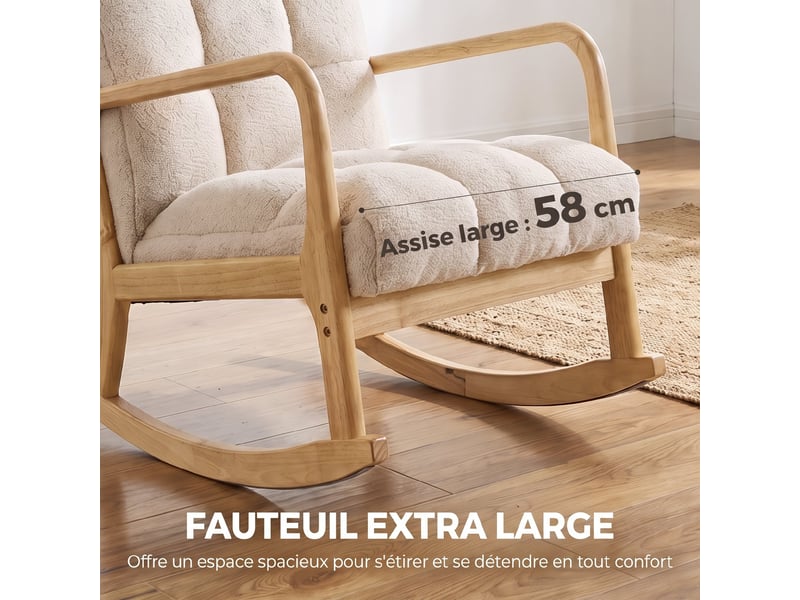  Fauteuil à bascule avec repose-pieds, rocking chair en tissu bouclette, pieds en bois, 64,5 x 82 x 89 cm, beige  - Conforama R