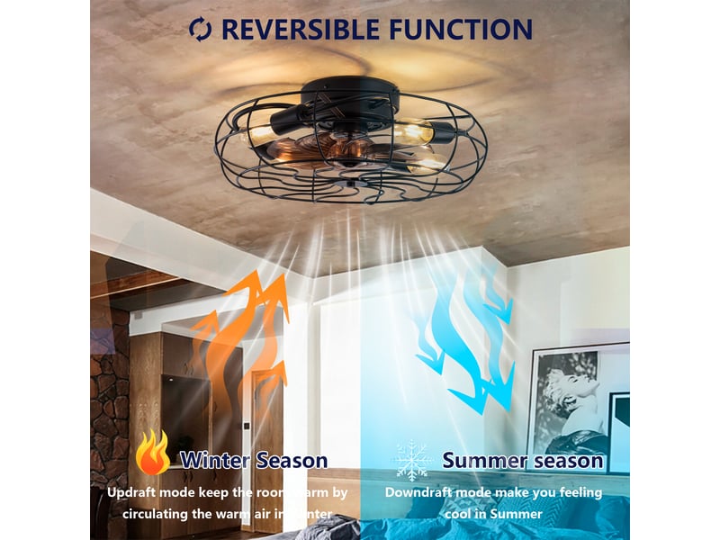  Ventilateur de plafond avec lumière à cage réversible 6 vitesses avec télécommande en métal noir noyer foncé 19 pouces  - Conforama E
