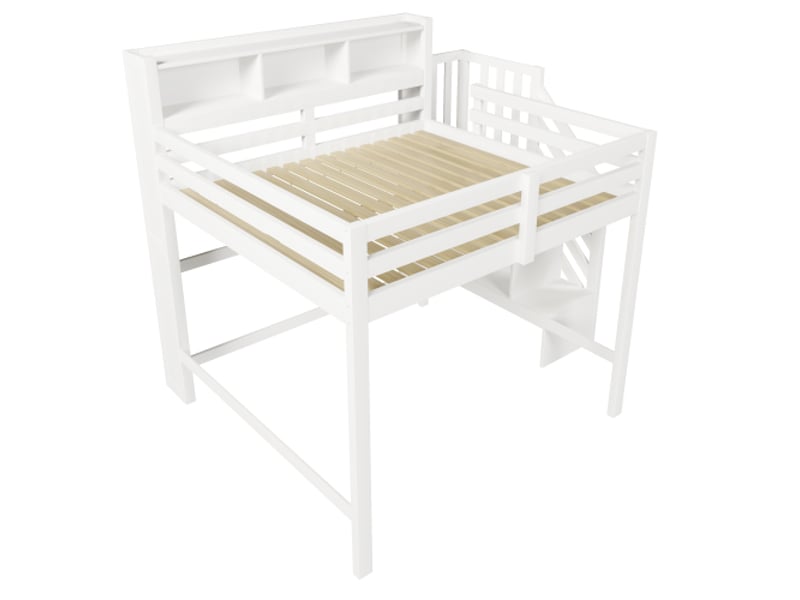  Lit mezzanine blanc 140x200 cm led, rangement sous le lit, échelle avec rangement, niche ouverte, sans matelas  - Conforama E