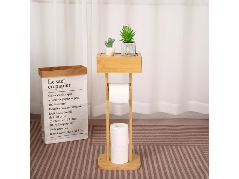  Porte papier toilette sans percer avec étagère en bambou  - Conforama D