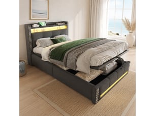 Lit coffre ulevr 90 x 200 cm avec led et prise usb, tête de lit avec étagères et rangement, relevage hydraulique, tissu lin gris