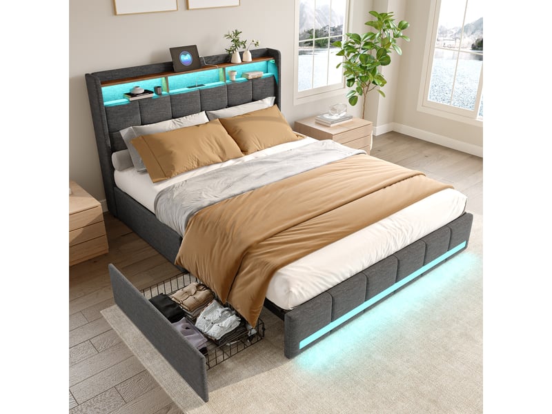  Cadre de lit de rangement 140×200 cm, avec 4 tiroirs de rangement et tête de lit à étagères, lit double rembourré avec éclairage led et ports de charge usb type-c, en lin gris, matelas non inclus 231205TT0704#ADHWx8p6aoFRHF - Conforama D