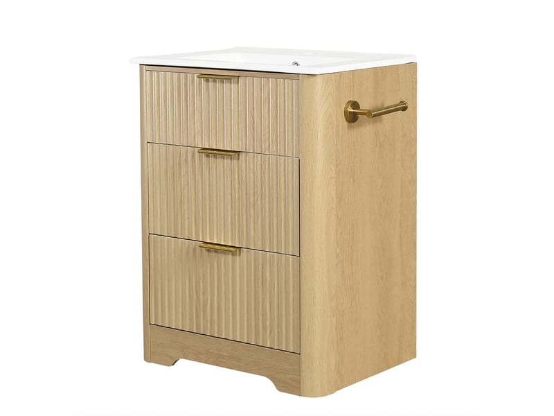  Meuble sous vasque 61 cm aspect bois sur pied avec vasque céramique, tiroirs et porte-papier  - Conforama A
