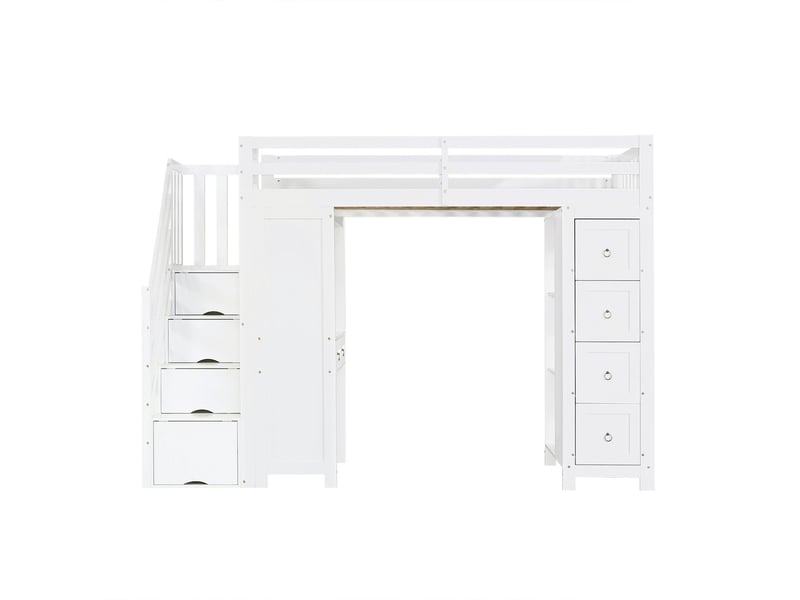  Lit superposé enfant 90 x 200 cm rangement intégré bureau intégré tiroirs étagères latérales structure en pin mdf et panneaux de particules finition blanche design multifonctionnel  - Conforama A