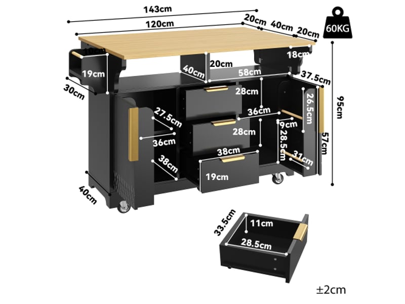 Îlot de cuisine multifonction: extension escamotable, portes à motif vertical, plateau coulissant et buffet sur roulettes - Conforama C