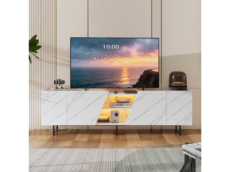  Meuble tv xxl 220x35x65cm - éclairage led rgb 7 couleurs - 4 portes et rangements ouverts - moderne chic - motif marbré - blanc  - Conforama B