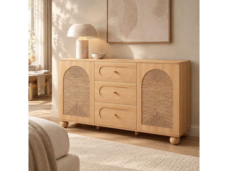  Buffet 140x40x80 cm, 2 portes en corde tressée et 3 tiroirs, mdf et panneaux de particules coloris naturel  - Conforama D