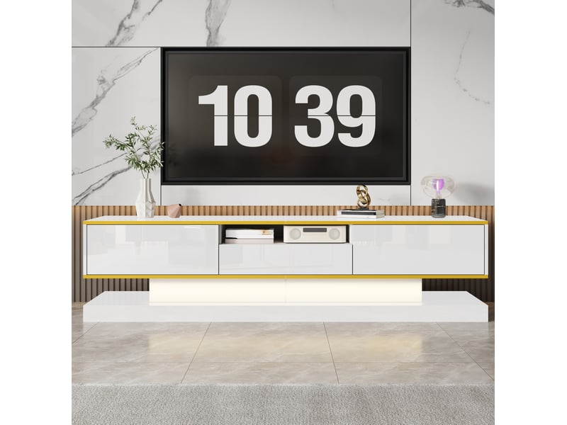  Meuble tv modenvie 180 x 38 x 45 cm avec 3 tiroirs, led multicolore, panneaux de particules blanc et doré  - Conforama D