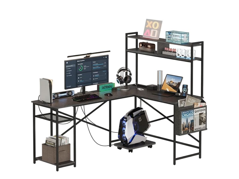  Bureau gaming d'angle en l avec étagère multiprise et support unité centrale noir  - Conforama A