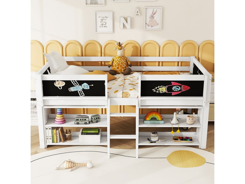  Lit simple 90×200 cm avec plusieurs étagères de rangement, lit enfant avec balustrade et échelle, cadre de lit en bois de pin, blanc  - Conforama W
