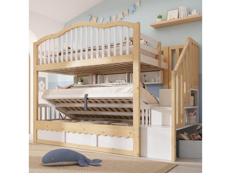  Lit superposé 90 × 200 cm avec rangement hydraulique, étagères et sécurité, sans matelas, en bois, blanc et chêne  - Conforama C