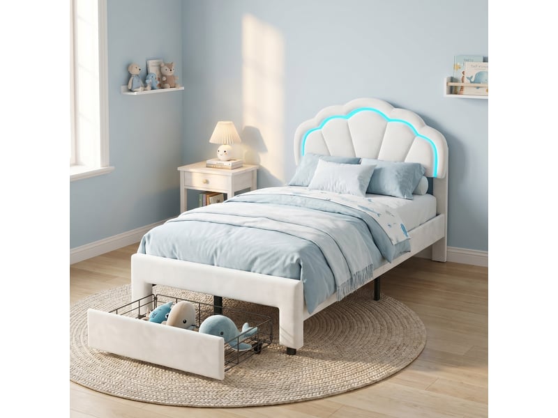 Lit simple 90x200, éclairage led et tiroir de rangement, lit enfant, tête de lit coquillage ajustable, velours, blanc - Conforama B