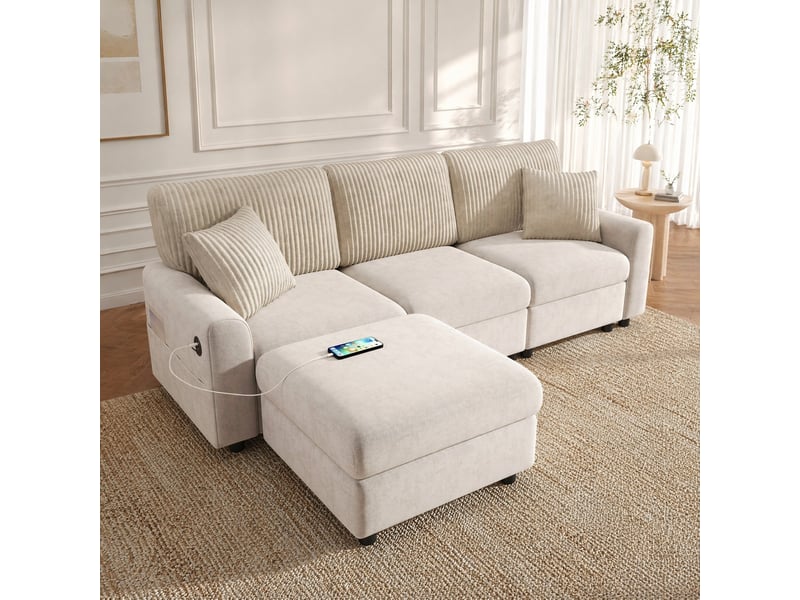  Canapé droit 4 places avec repose-pieds, coussins et ports usb et type-c en chenille et velours côtelé beige  - Conforama B