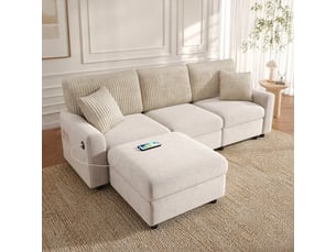 Canapé droit 4 places avec repose-pieds, coussins et ports usb et type-c en chenille et velours côtelé beige