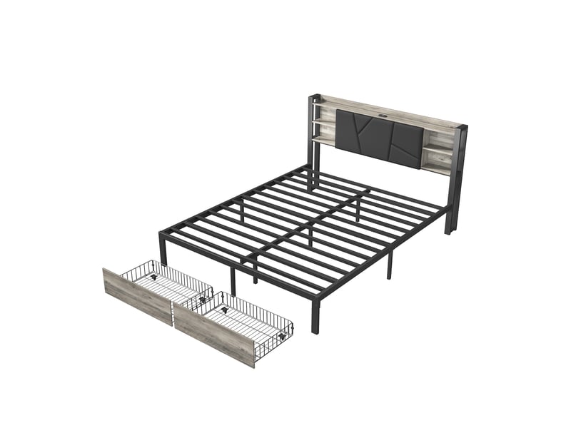  Lit 160x200cm - lit double 160x200 avec led, 2 tiroir, tête de lit de rangement, prises usbtype-c - noir  - Conforama A