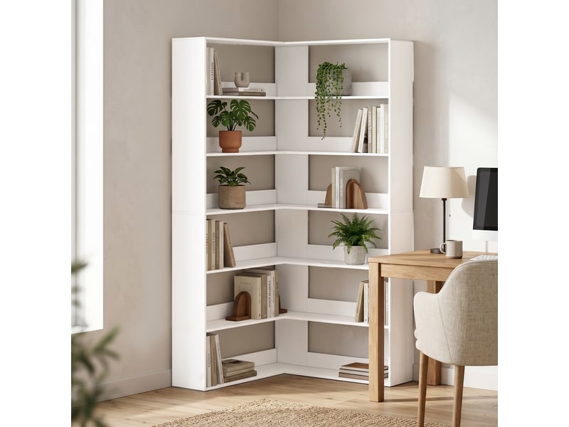  Bibliothèque à 7 étagères, étagère d'angle en l avec dos antidérapant, blanche aspect bois  - Conforama C