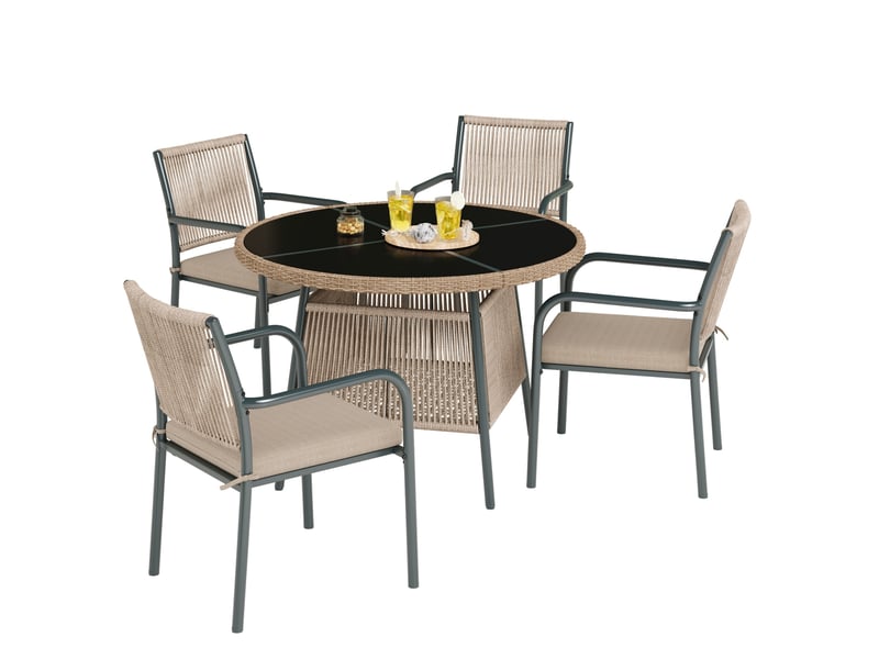 Salon de jardin,5 pièces avec table ronde en verre et 4 fauteuils,gris - Conforama A