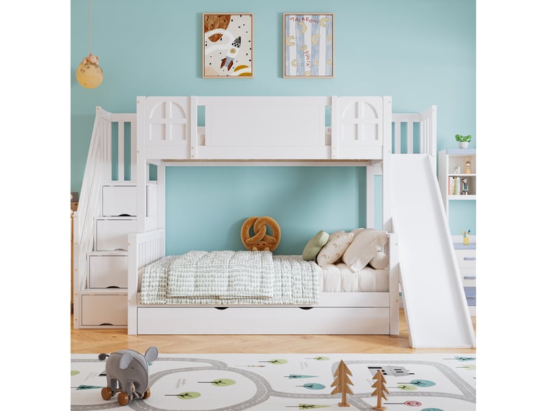  Lit superposé enfant 90x200 cm avec toboggan, escalier de rangement et tiroir blanc  - Conforama B