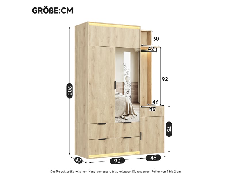  Ensemble vestiaire avec armoire 135 x 47 x 200 cm, miroir, éclairage led, 5 tiroirs, décor chêne  - Conforama C