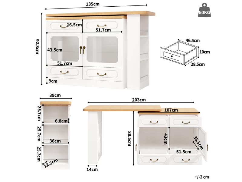  Table bar extensible 135x203 cm pivotante avec led mdf blanc  - Conforama E