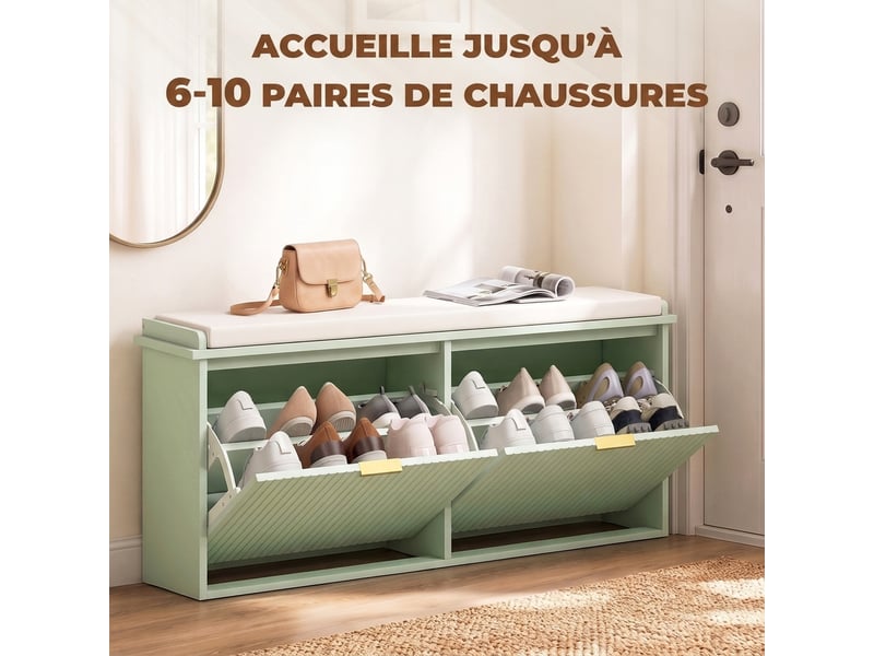  Banc à chaussures avec coussin d'assise rembourré et tiroir rabattable pour couloir, 104 x 26 x 47,5 cm, chambre, vert  - Conforama E