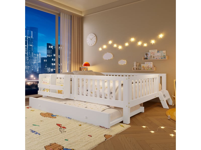  Lit gigogne 140x200 cm, couchage enfant avec barrières, sommier à lattes inclus, étagère et échelle réversibles, pin massif et mdf, blanc OMNIGLINT TRADING LTD - Conforama C