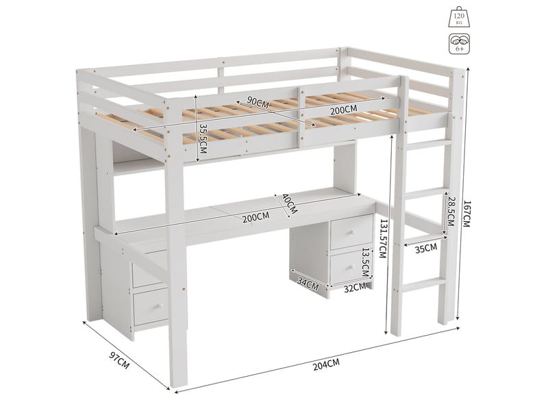  Lit mezzanine enfant 90x200 cm blanc avec bureau et rangements  - Conforama C