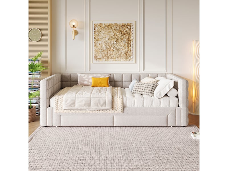 Lit banquette extensible 90x200 cm en velours beige avec 2 tiroirs - transformable 180 cm  - Conforama B