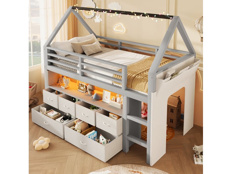  Lit mezzanine enfant 90x200 cm avec led et 6 tiroirs en tissu gris  - Conforama C