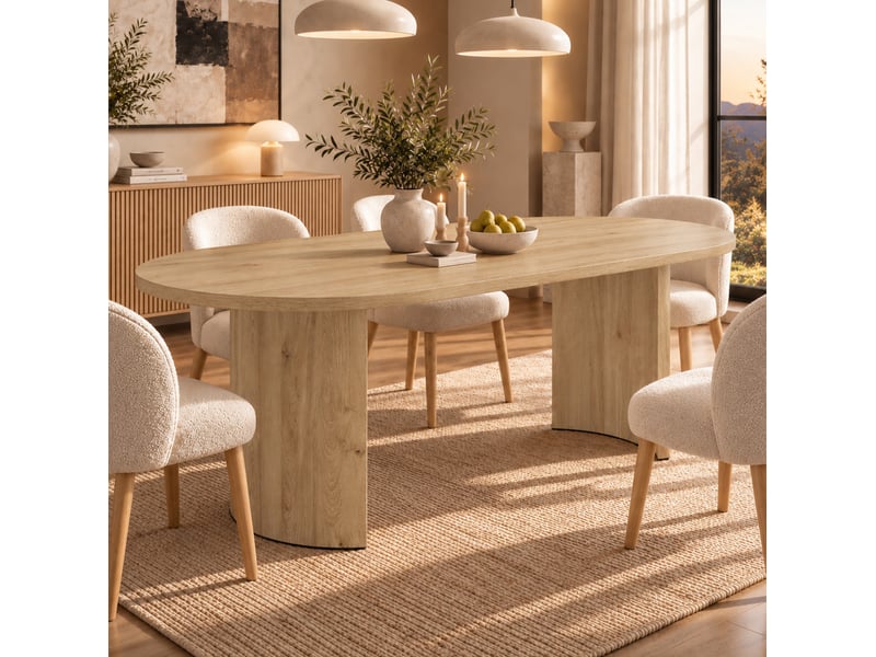  Table de salle à manger pour 6 à 8 personnes avec plateau aux coins arrondis et pieds courbés en mdf coloris chêne  - Conforama B