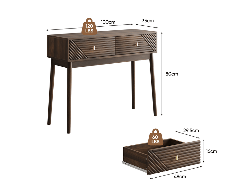  Bureau console 100x35x80 cm avec 2 tiroirs en mdf couleur marron, design simple, qualité et rangement optimisé  - Conforama C
