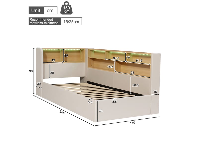Lit banquette 90x200 cm – beige – coffre hydraulique, led, usb et type-c avec rangements - sans matelas - Conforama C