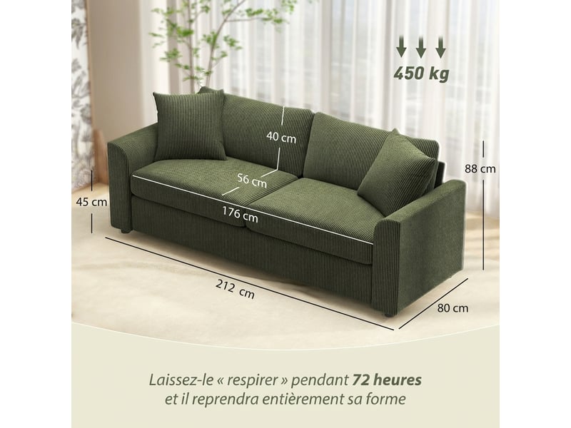  Canapé 3 places 212 cm avec 2 coussins à ressorts, tissu velours côtelé, pour salon, chambre, bureau à domicile, vert  - Conforama C