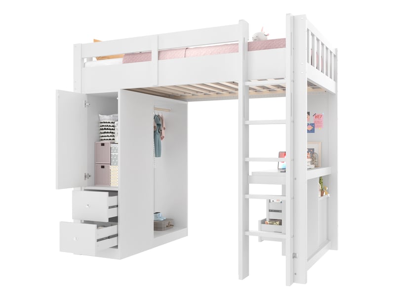  Lit mezzanine 200×90 cm avec bureau, 4 tiroirs, armoire ouverte, éclairage led et port usb, en pin massif et mdf blanc  - Conforama A