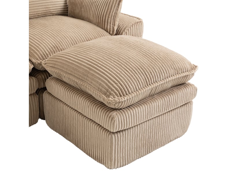 Canapé modulable 3 places en velours côtelé kaki avec hocker, coussins et poches latérales - Conforama W