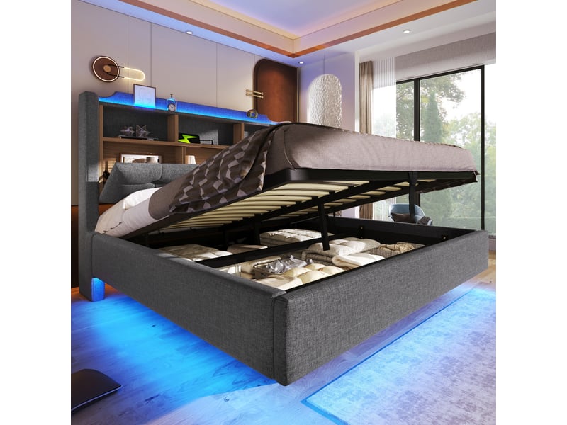  Lit capitonné, 140 × 200 cm, avec bande lumineuse led, rangement hydraulique, compartiments de rangement, design suspendu, matelas non inclus, ports usb et type-c, revêtement en lin, gris  - Conforama B