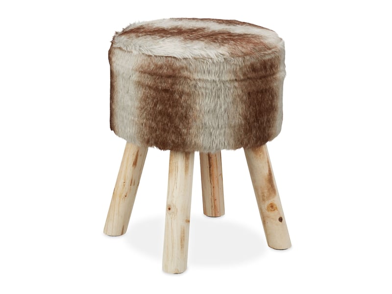  Tabouret rond rustique en bois de pin 40 x 40 x 45 cm confortable et moelleux en fourrure synthétique gris brun 13_0009258  - Conforama A