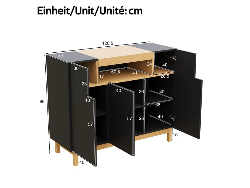  Buffet 3 portes avec niche ouverte pour salon en panneaux de particules 120,5×42×96 cm noir  - Conforama E