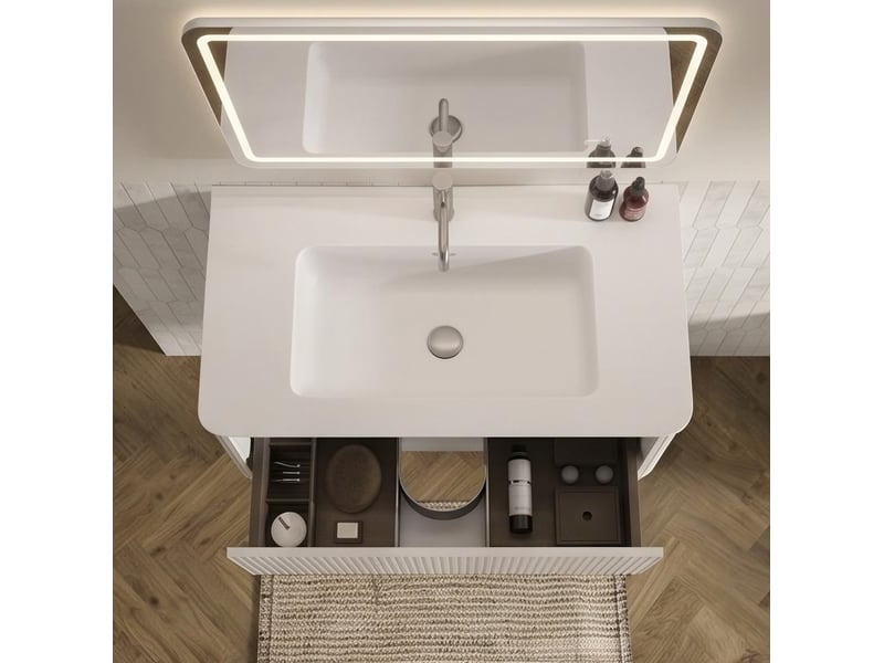  Meuble vasque suspendu blanc 81 cm avec miroir led ovale antibuée, 1 tiroir, design rainuré moderne  - Conforama E