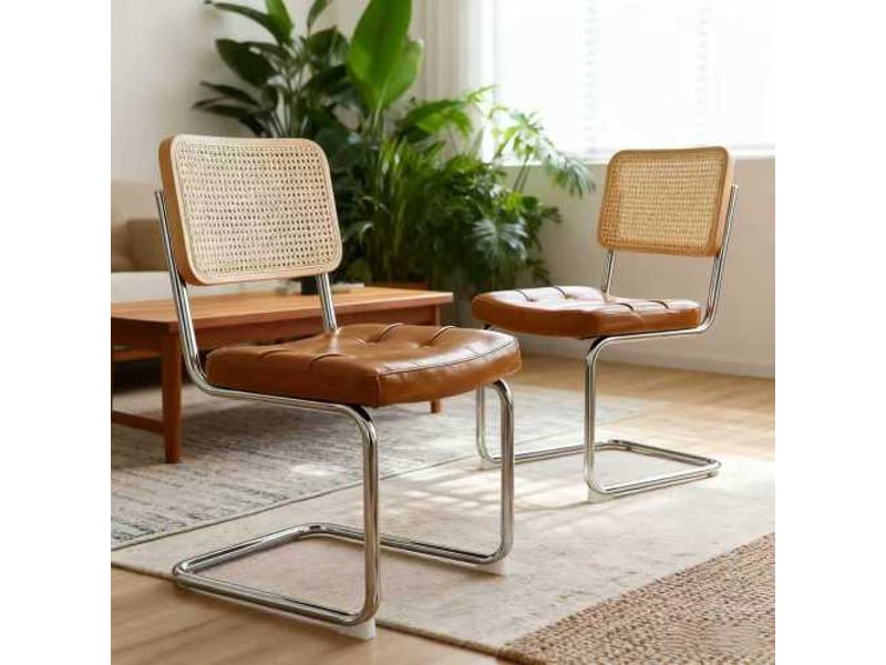  Set de 4 chaises de salle à manger en simili cuir, pieds chromés – style mid-century breuer rembourrées  - Conforama B