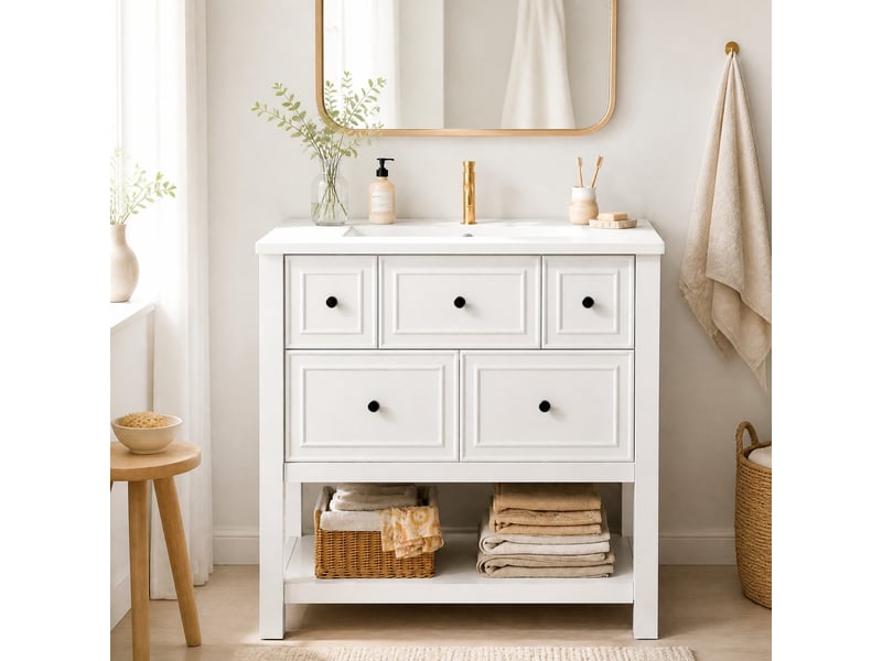  Meuble sous vasque avec 5 tiroirs et espaces ouverts, vasque en céramique, salle de bain, mdf blanc 76×46,5×82 cm  - Conforama C