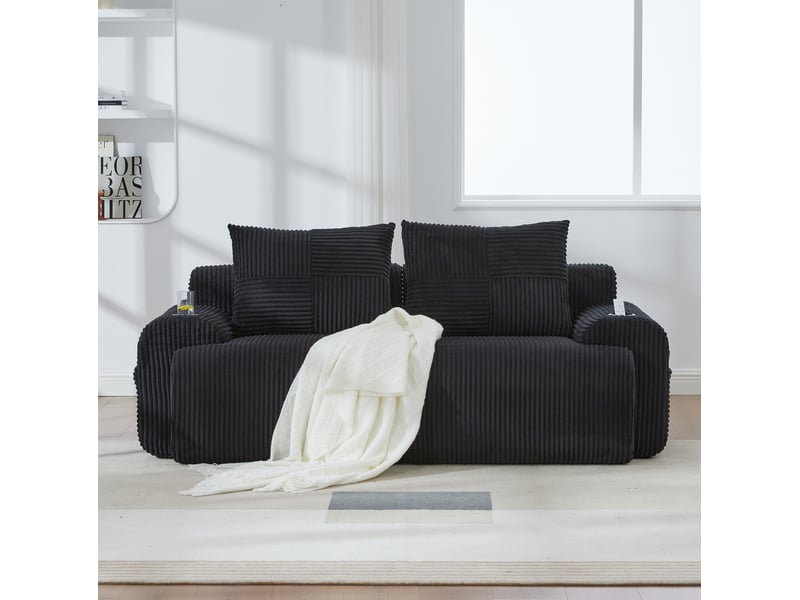  Canapé modulaire 2 places en velours côtelé noir avec porte-gobelets et poche latérale  - Conforama B