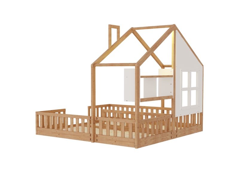 Lit enfant cabane double, bois naturel, 90 x 200 cm, fenêtres, led, étagères et garde-corps - Conforama E