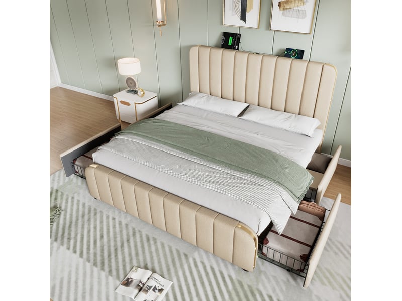  Lit double 160 x 200 cm beige en lin avec matelas, 4 tiroirs et ports usbusb type-c  - Conforama B